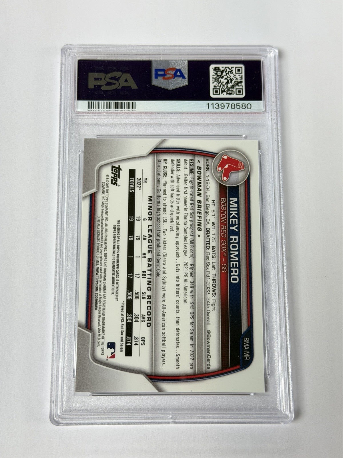2023 BOWMAN MEGA BOX #MR MIKEY ROMERO PSA 10 GEM MT CHROME PROSPECT AUTO 580