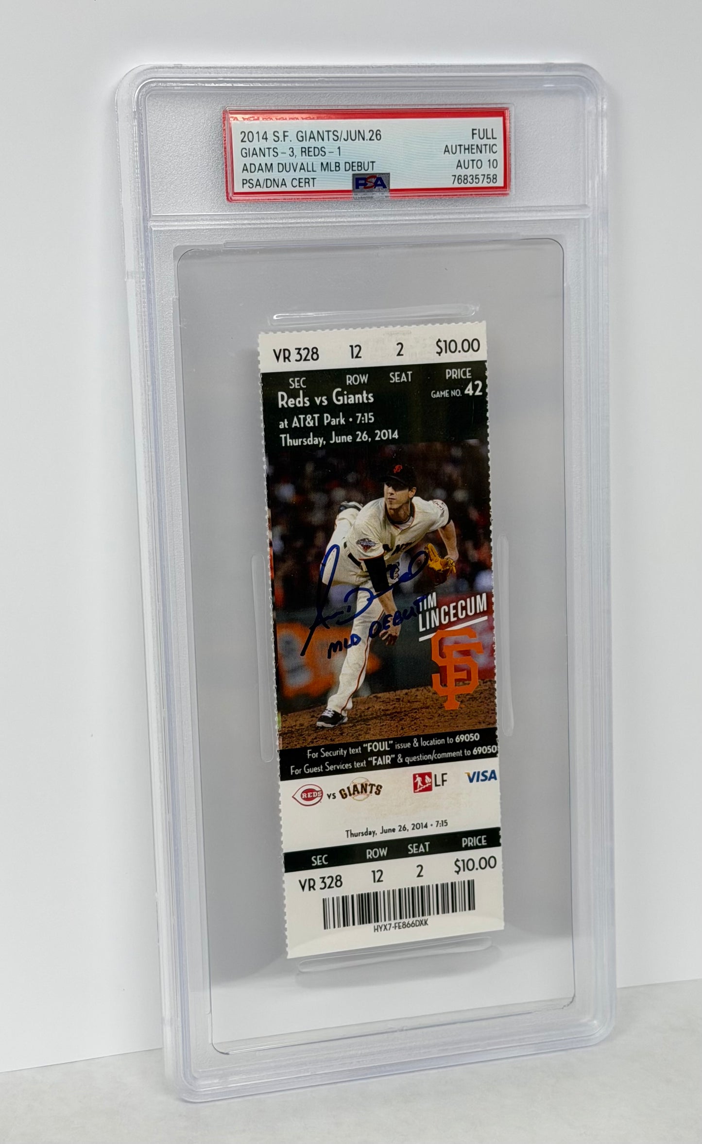 2014 Reds vs Giants Ticket Autographed Adam Duvall MLB Debut Ticket PSA 10