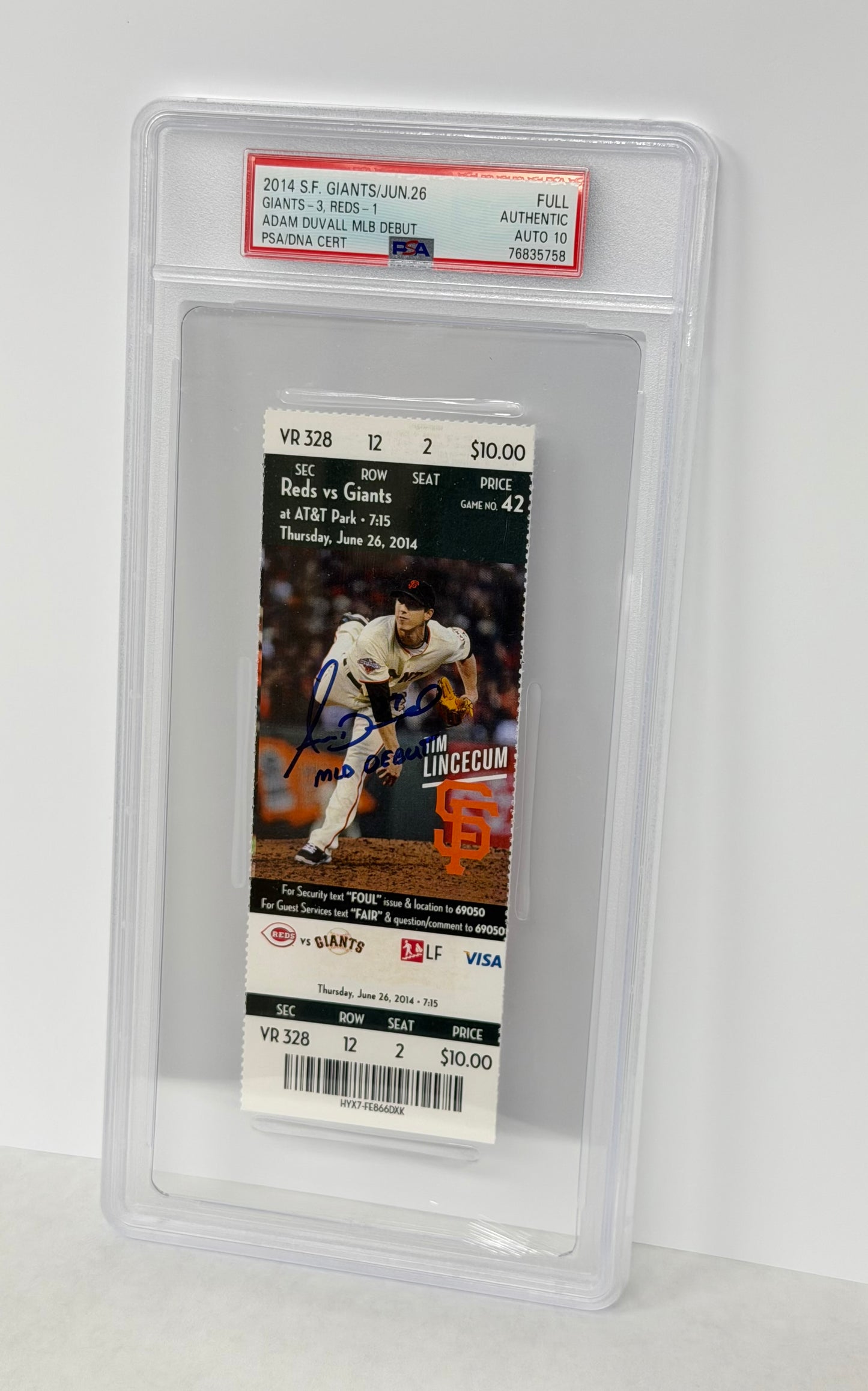 2014 Reds vs Giants Ticket Autographed Adam Duvall MLB Debut Ticket PSA 10