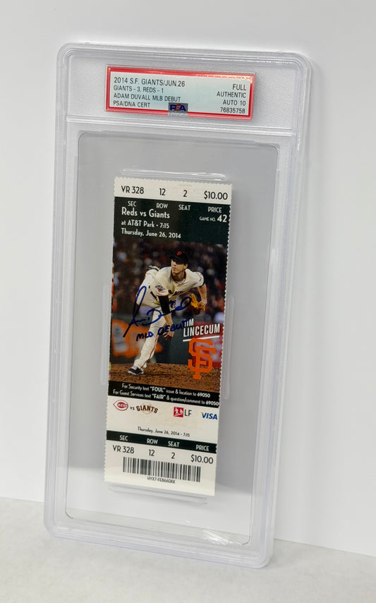 2014 Reds vs Giants Ticket Autographed Adam Duvall MLB Debut Ticket PSA 10