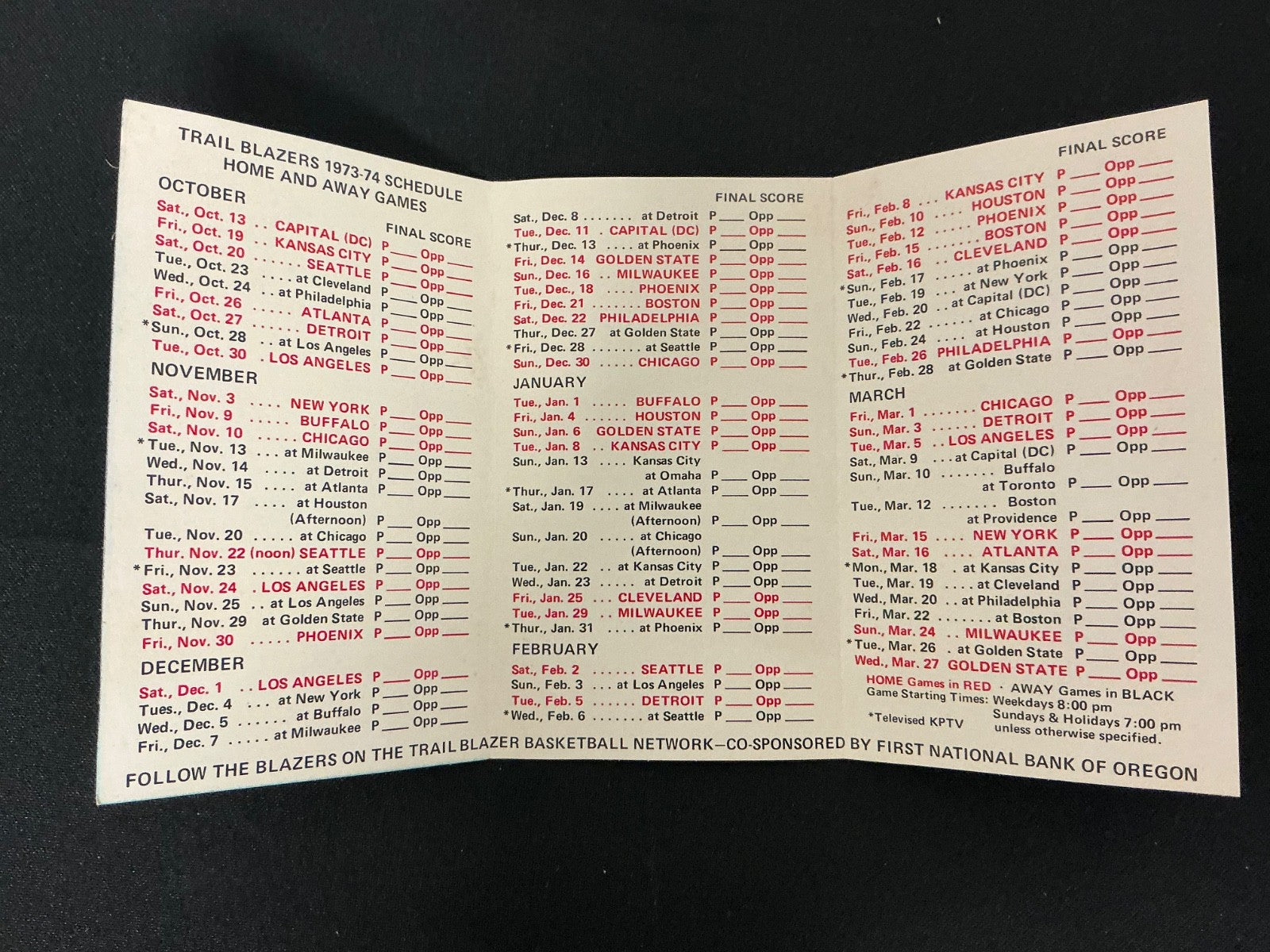 1973-1974 Portland Trail Blazers NBA Basketball Pocket Schedule 