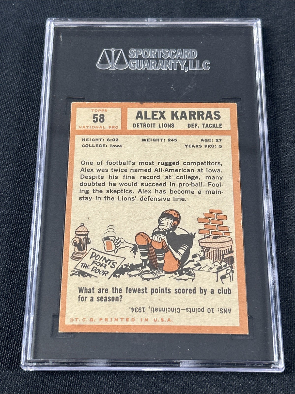 1962 Topps #58 Alex Karras Detroit Tigers SGC 5.5 108