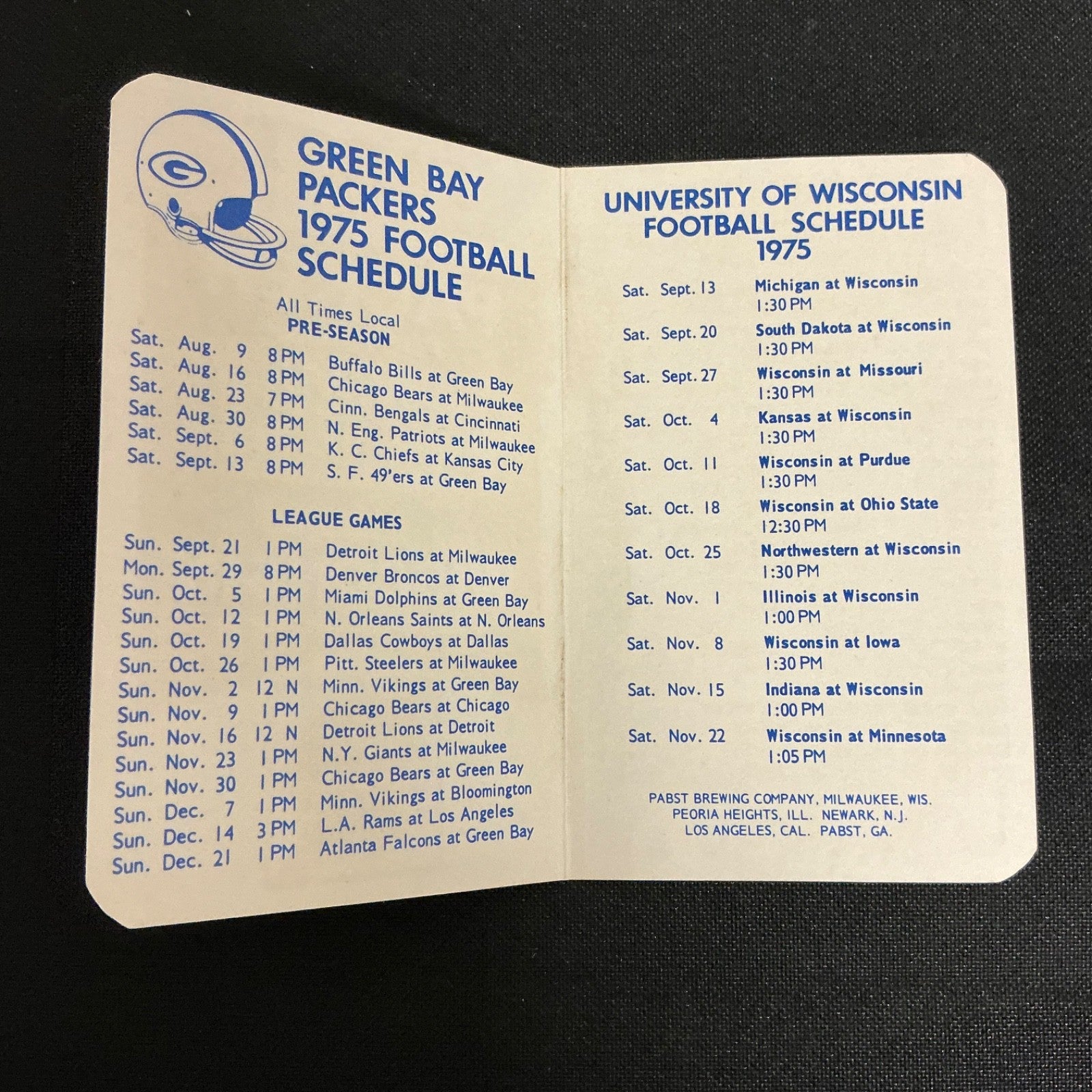 1975 Green Bay Packer and University of Wisconsin  Football Pocket Schedule 