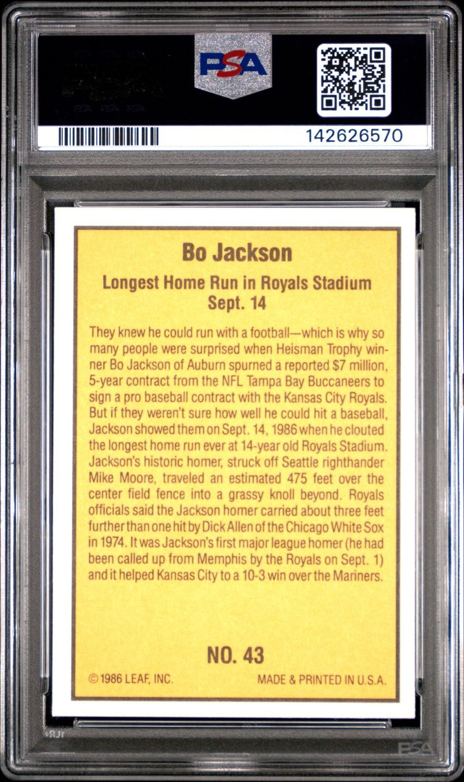 1986 Donruss Highlights #43 Bo Jackson RC Rookie PSA 9 MINT 570