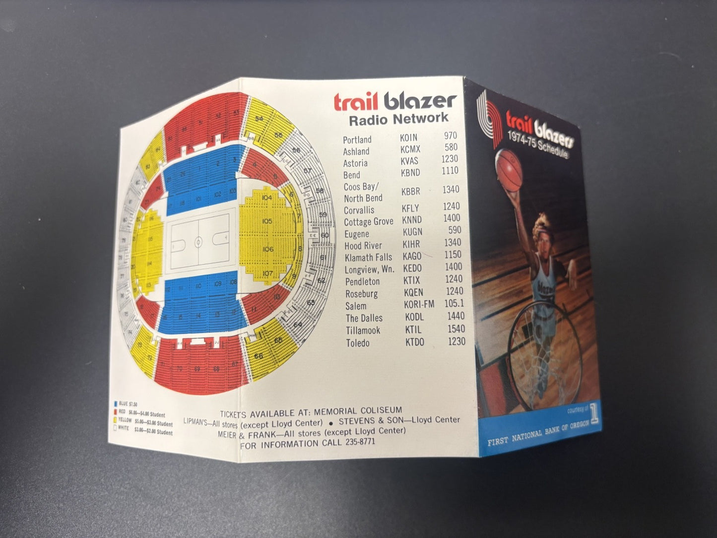1974-1975 Bill Walton Portland Trail Blazers NBA Basketball Pocket Schedule 