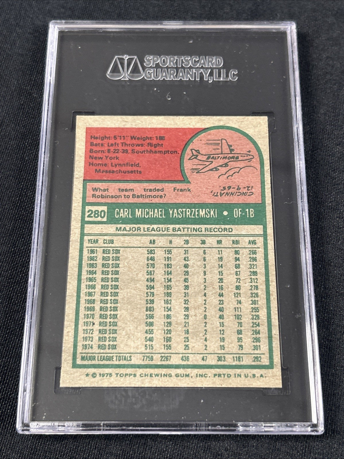 1975 Topps #280 Carl Yastrzemski Boston Red Sox SGC 7 NM 073