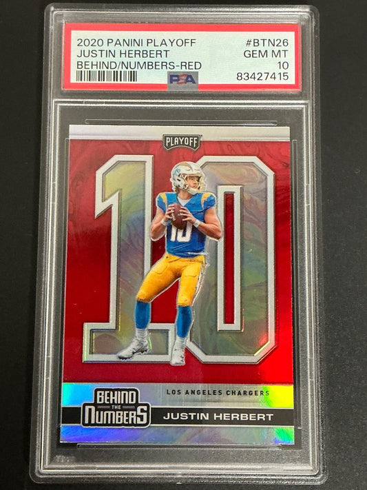 2020 Panini Playoff #BTN26 Justin Herbert Behind/Numbers-Red PSA 10 GEM MT 415