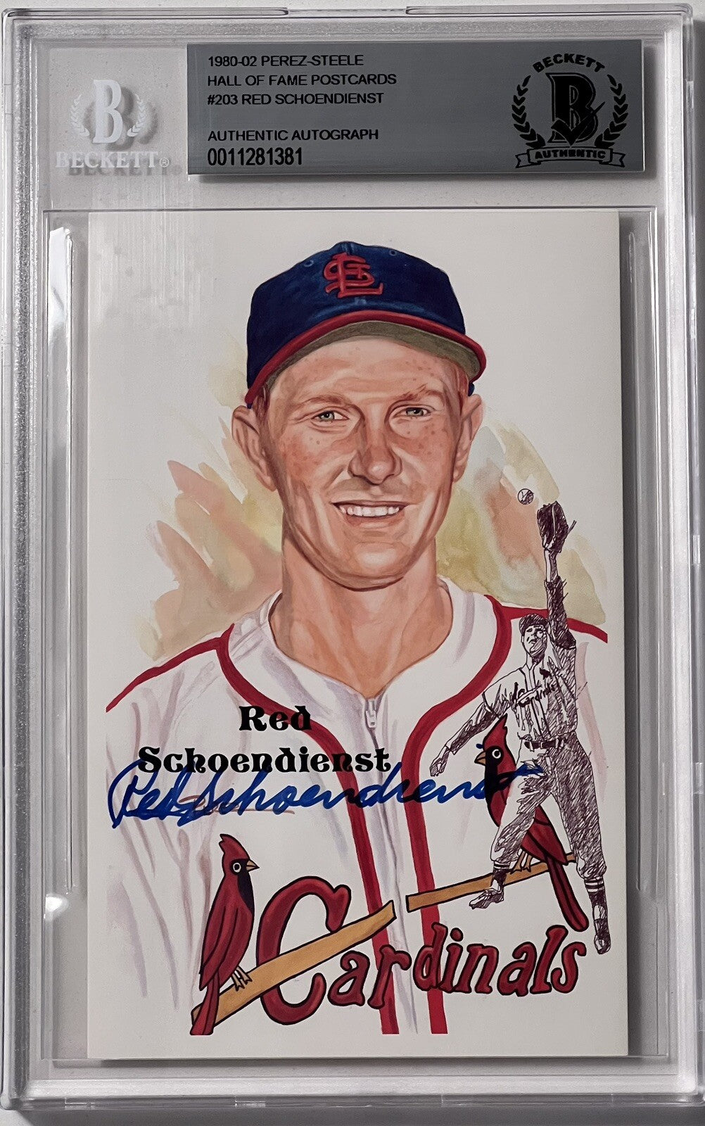 1980-02 Perez-Steele HOF #203 Red Schoendienst Cardinals Signed Card Beckett 381