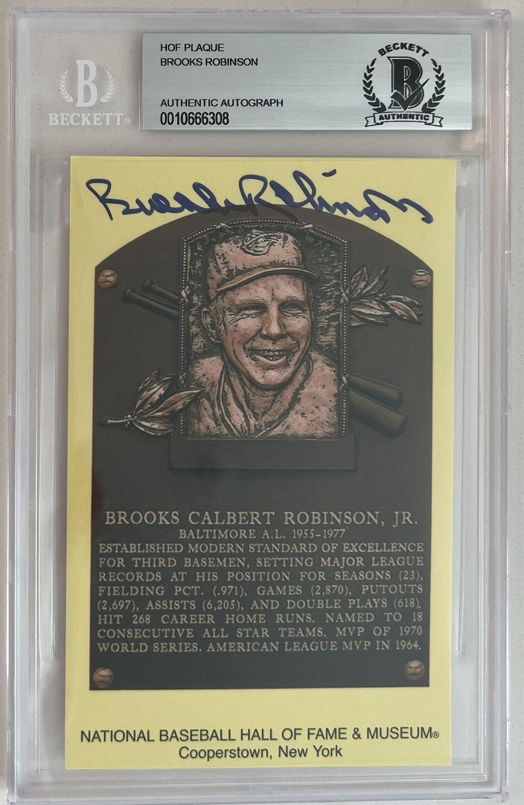 Brooks Robinson HOF Slabbed  Signed Plaque Postcard BAS Beckett 308