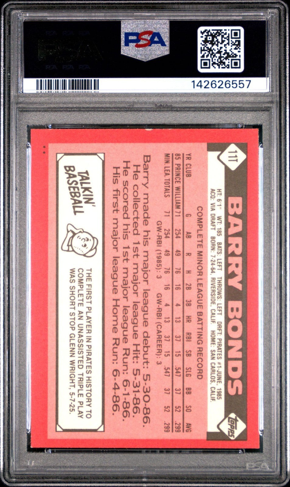 1986 Topps Traded #11T Barry Bonds Pirates RC Rookie PSA 9 MINT 557