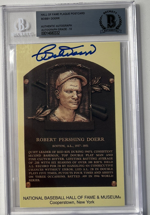 Bobby Doerr HOF Plaque Postcard Slabbed  Signed Card BAS Beckett AUTO 10 332