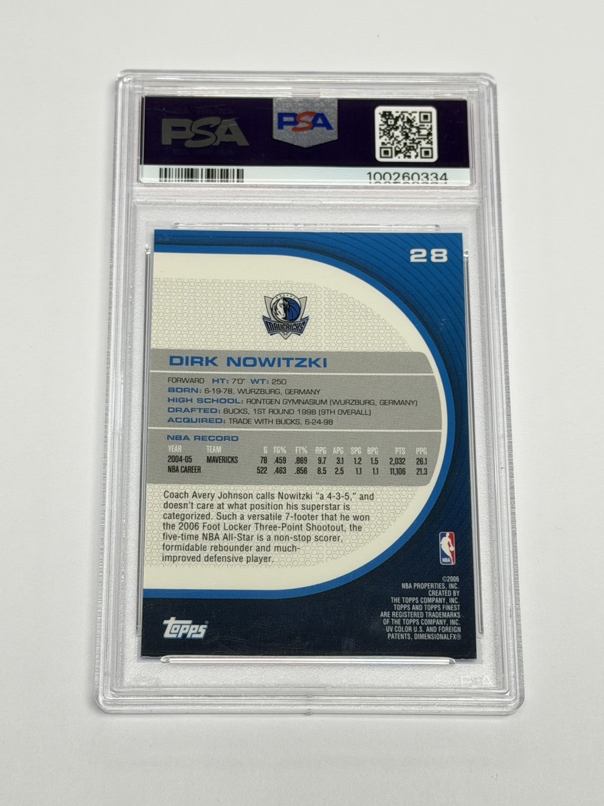 2005-06 Topps Finest Dirk Nowitzki Mavericks #28 PSA 9 MINT 334