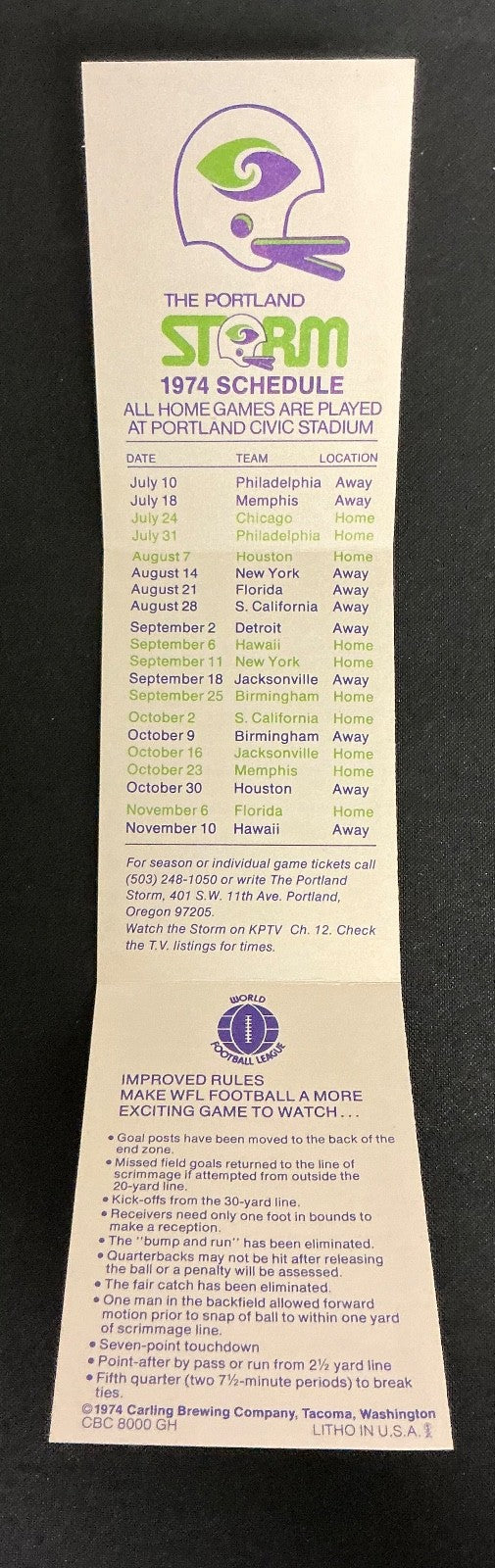 1974 Portland Storm Football WFL Pocket Schedule 