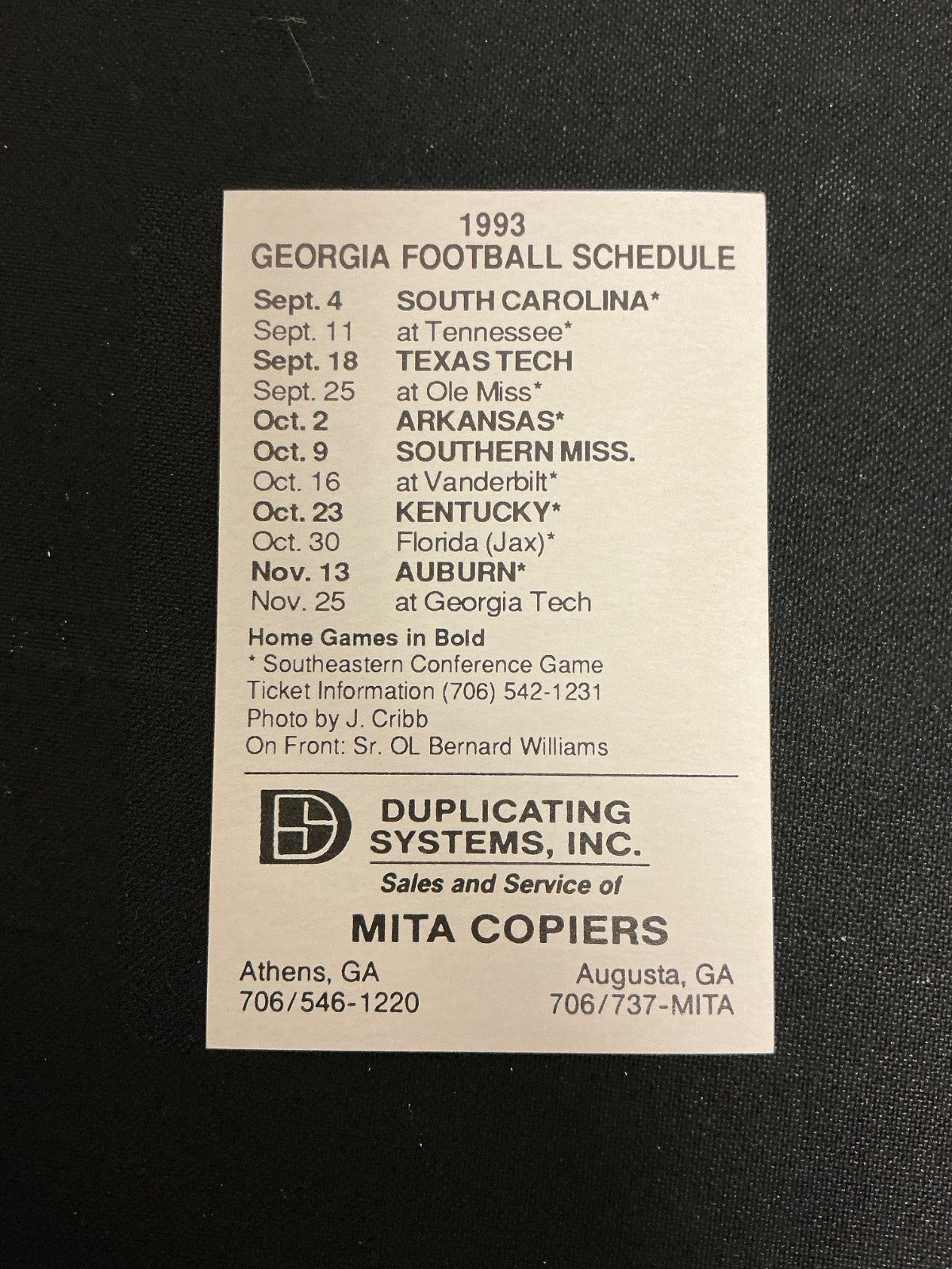 1993 Georgia Bulldogs Football Pocket Schedule