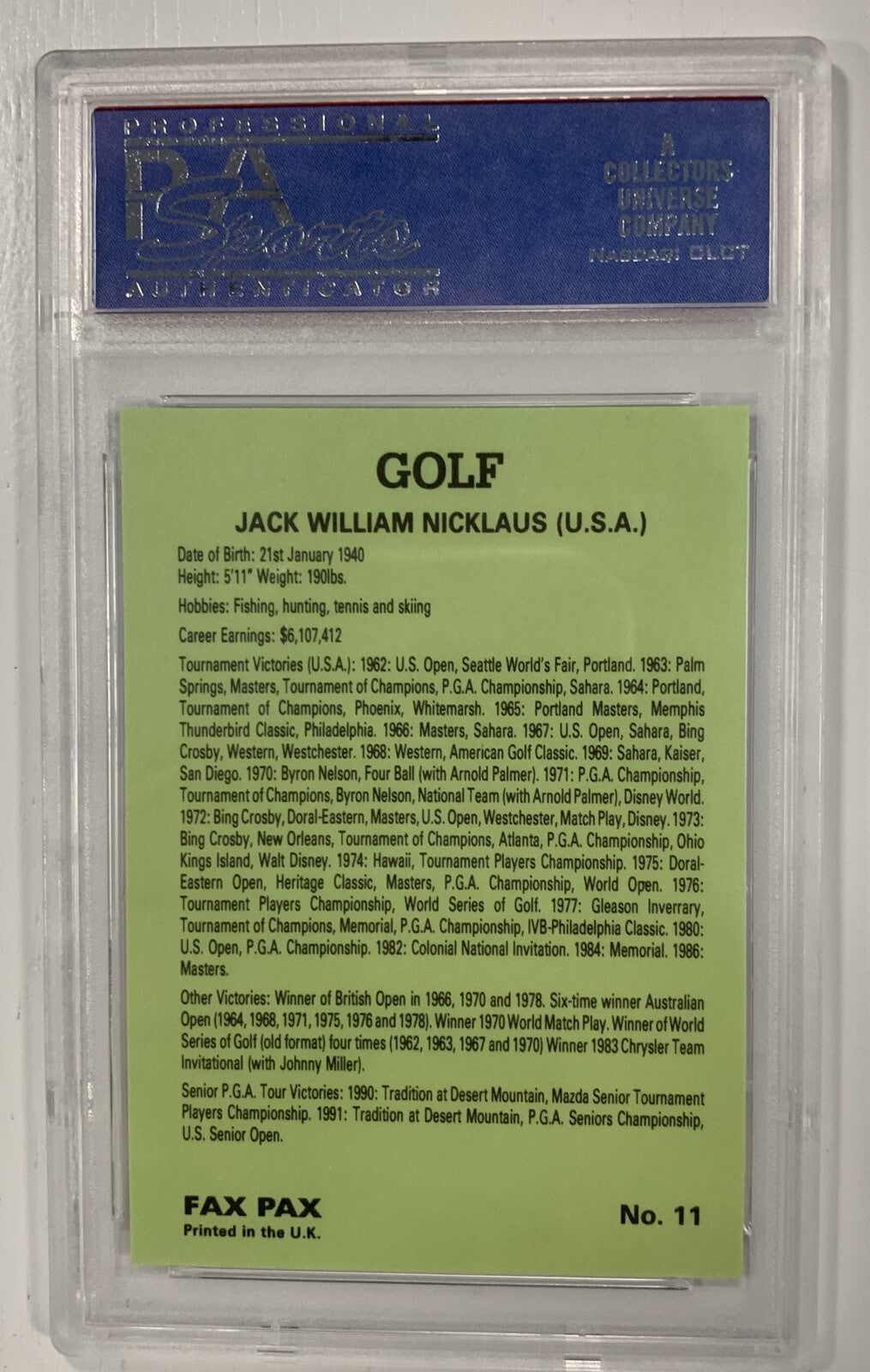1993 Fax-Pax #11 Jack Nicklaus Famous Golfers Gem Mint 10 (1)