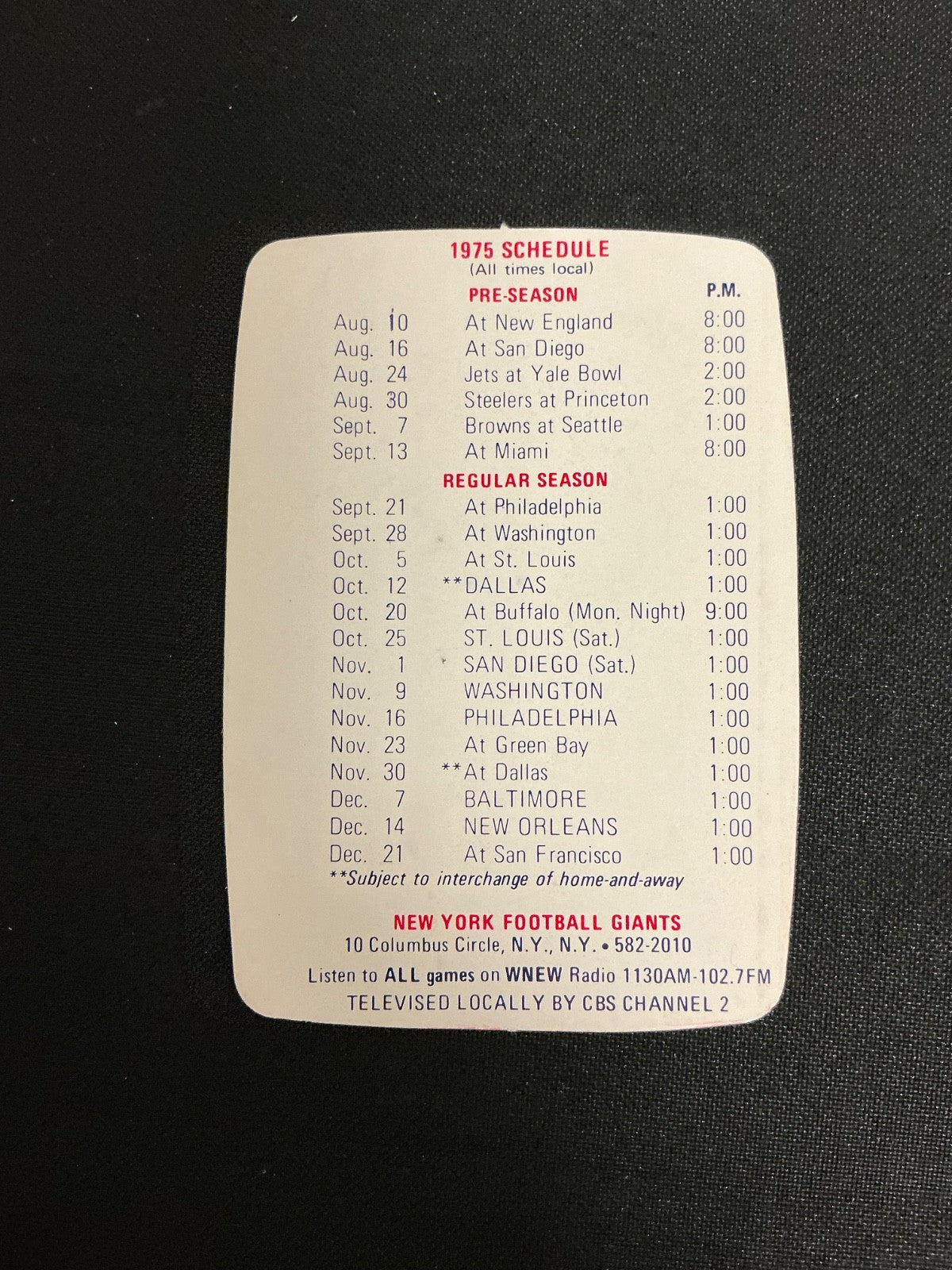 1975 New York Giants Football Pocket Schedule