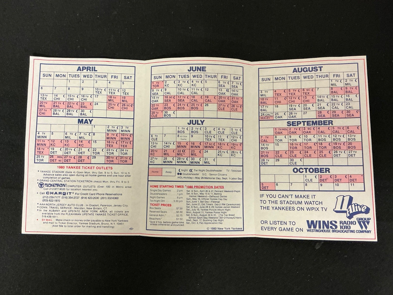 1980 New York Yankees Baseball Pocket Schedule