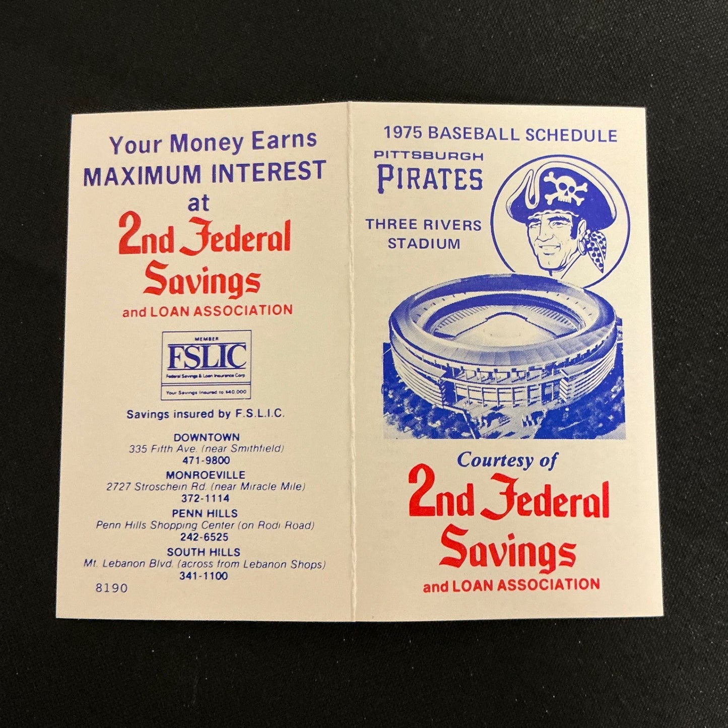 1975 Pittsburgh Pirates Baseball Pocket Schedule 