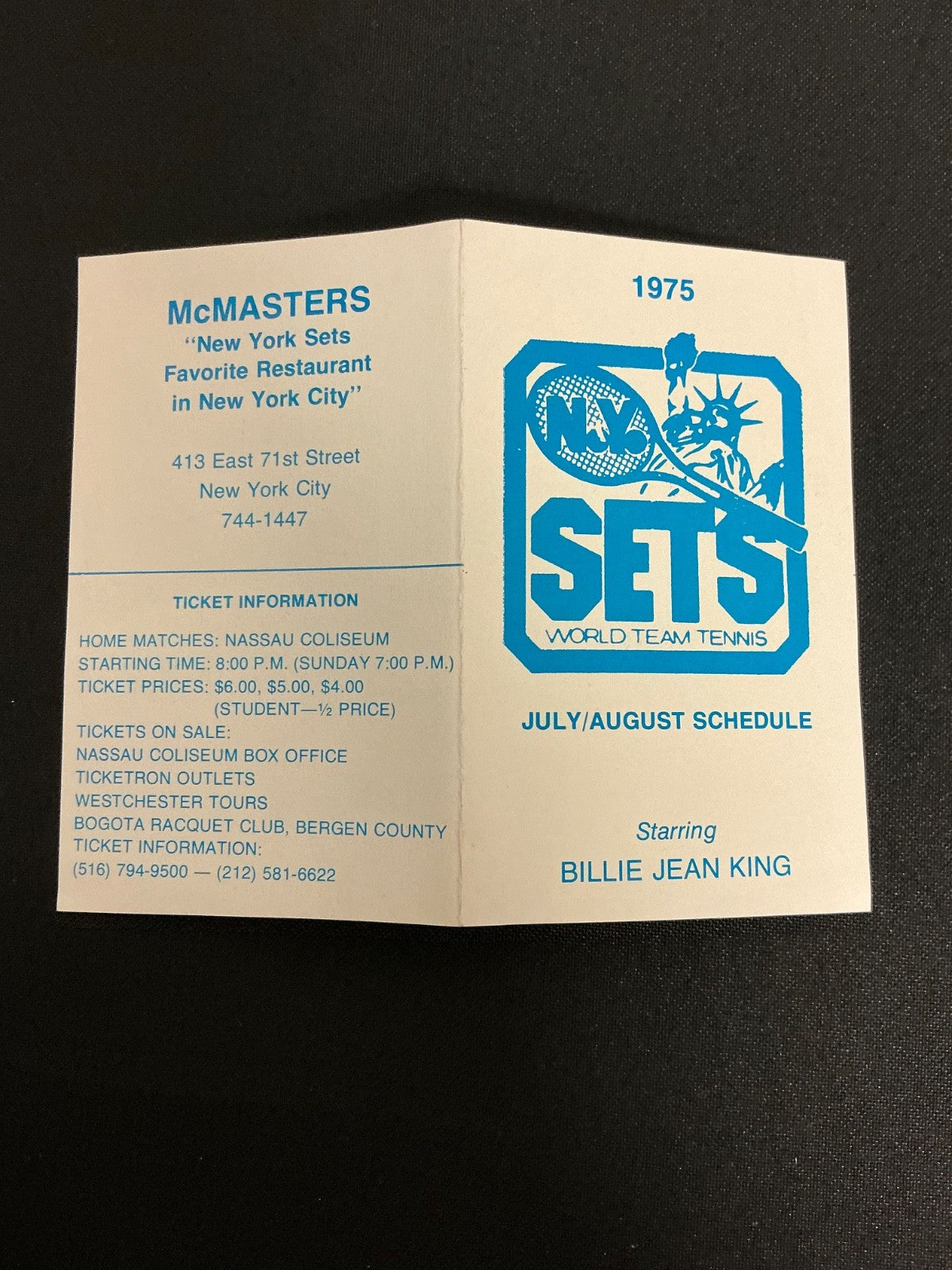 1975 N.Y. Sets World Team Tennis July/August Pocket Schedule