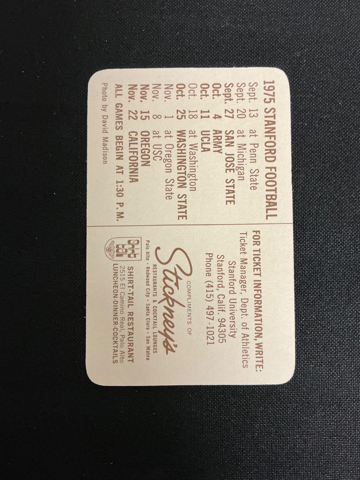 1975 Stanford Football Pocket Schedule 