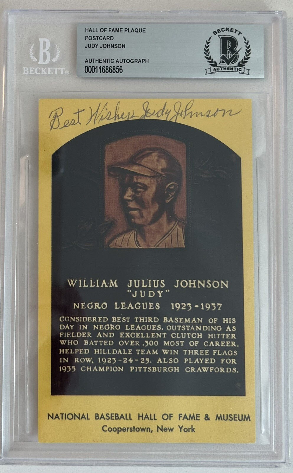 William Julius “Judy”Johnson HOF Slabbed  Signed Plaque Postcard BAS Beckett 856