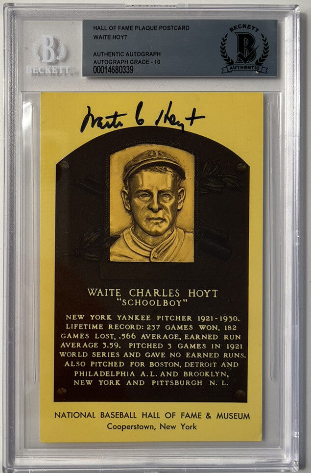 Waite Hoyt HOF Plaque Postcard Slabbed  Signed Card BAS AUTO Grade 10 339