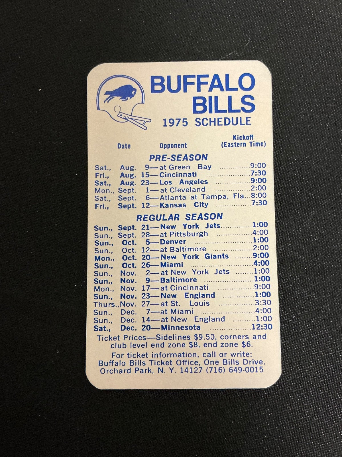 1975 Buffalo Bills Football Pocket Schedule 