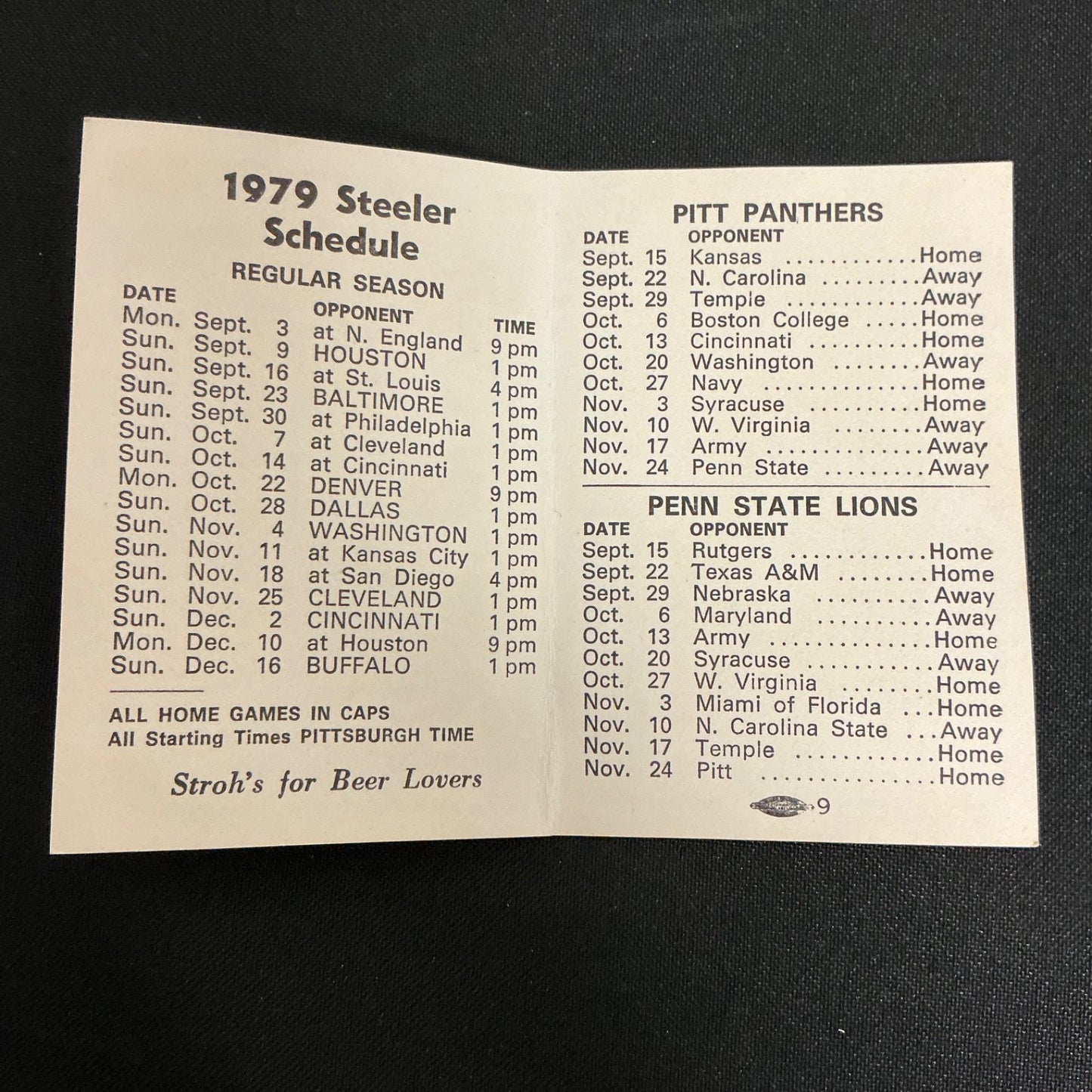 1979 Pittsburgh Sports Pocket Schedule (Steeler's Pitt Panthers, and Penn State)