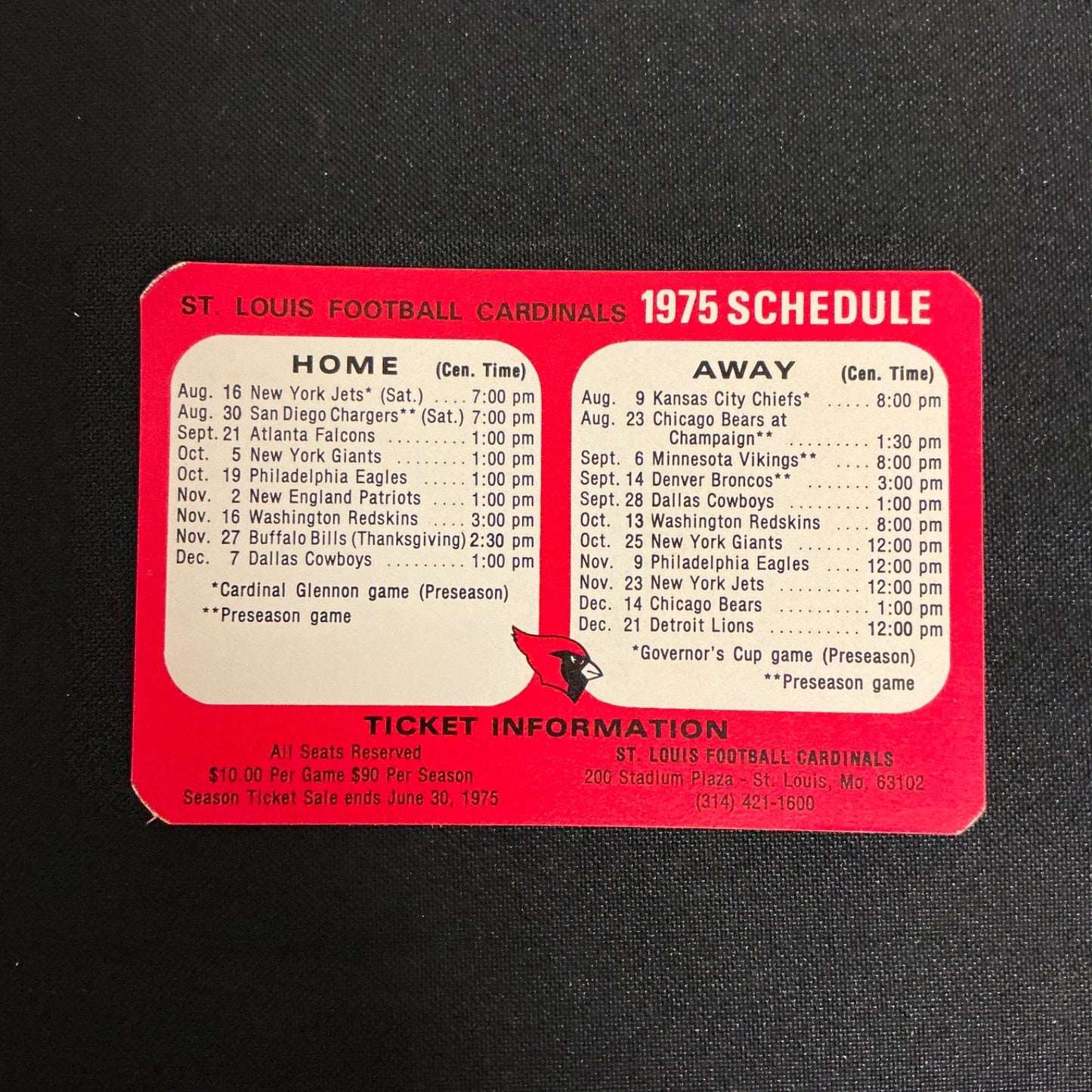 1975 St. Louis Cardinals Football Pocket Schedule