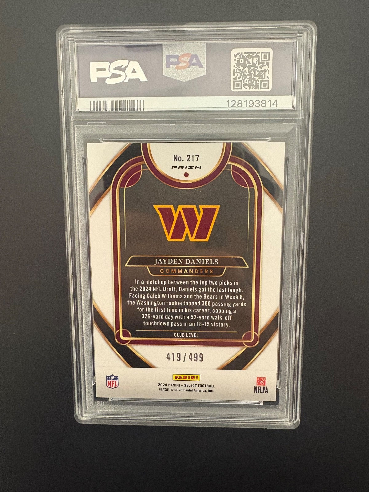2024 Select Jayden Daniels RC Club Level Neon Green Shock  /499 PSA 9 MT 814