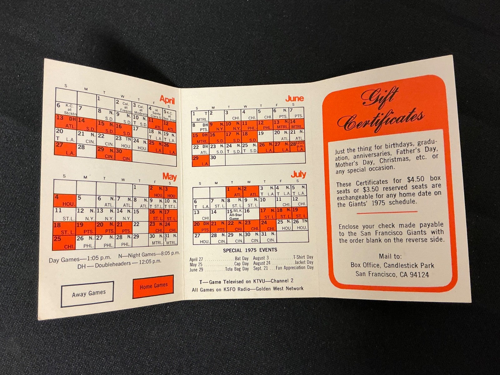 1975 San Francisco Giants Baseball Pocket Schedule 