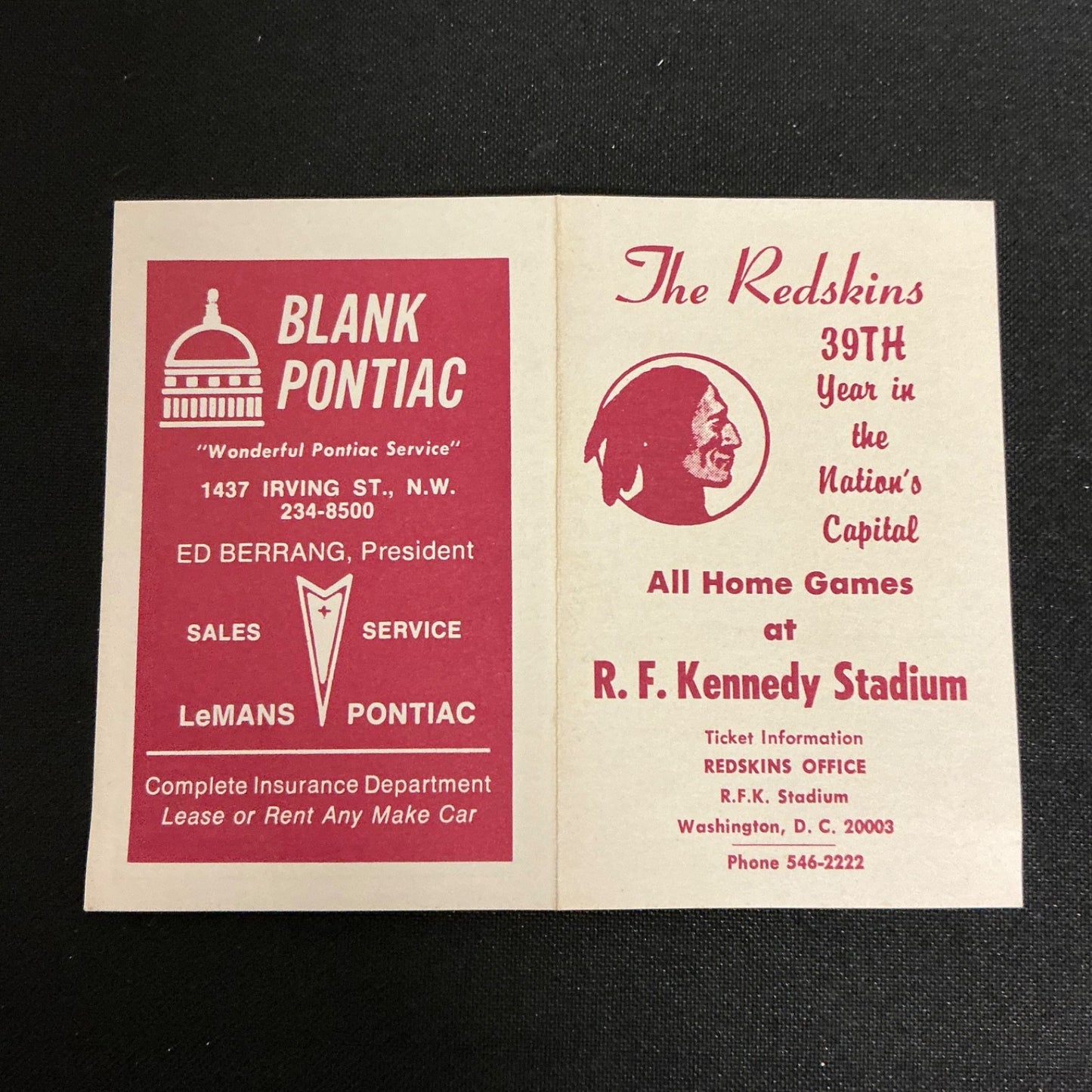 1975 Washington Redskins Football Pocket Schedule
