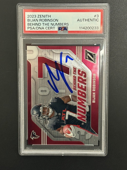 2023 Zenith #3 Bijan Robinson RC Behind the Numbers Autograph PSA/DNA Cert 233