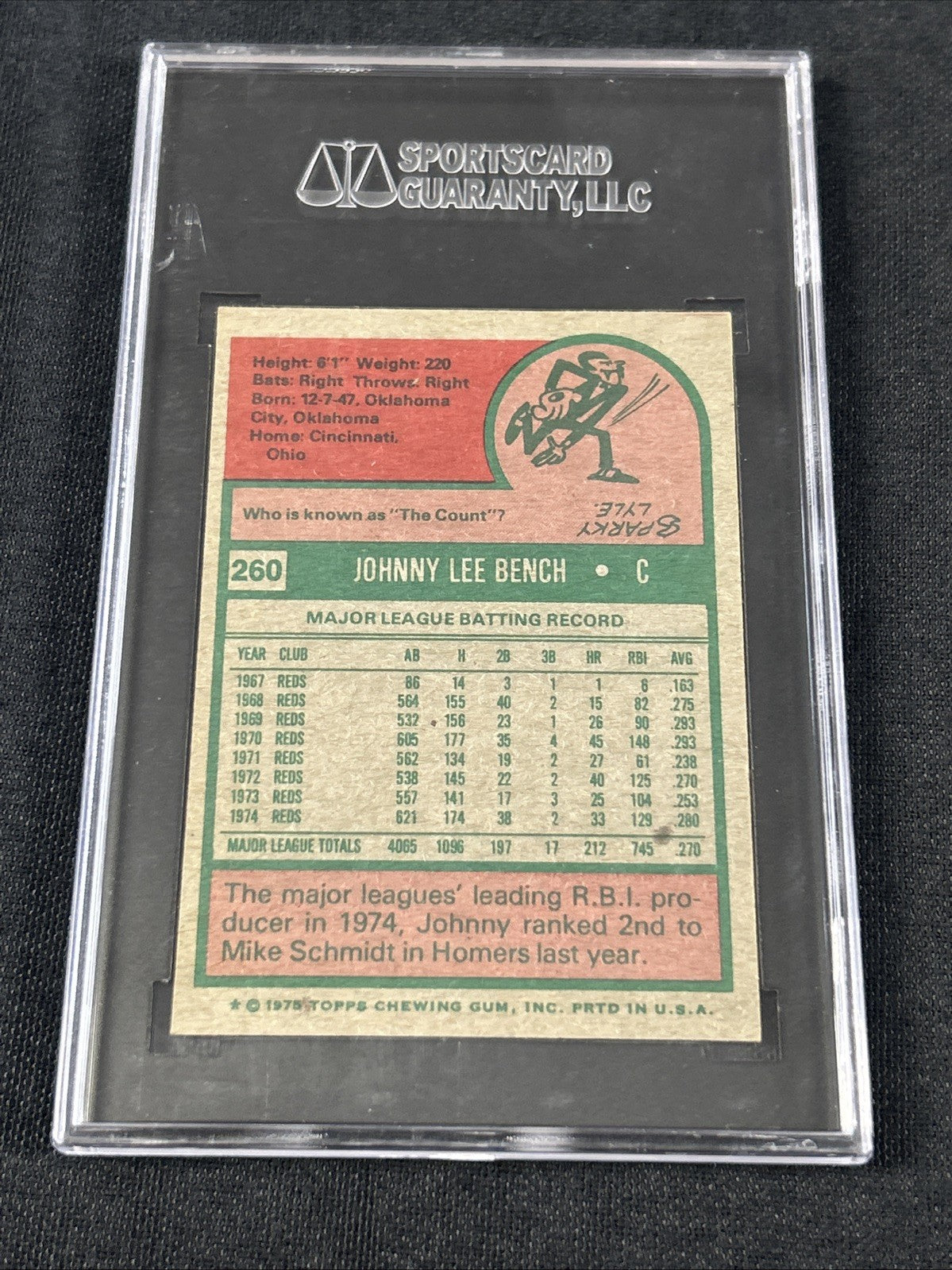 1975 Topps #260 Johnny Bench Cincinnati Reds SGC 7 NM 002