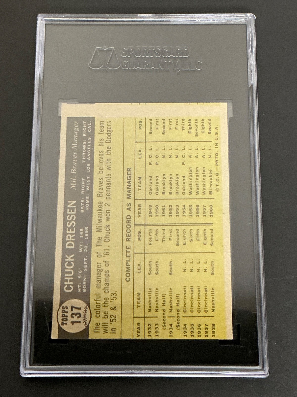 1961 Topps #137 Chuck Dresden Braves  SGC 6 EX/NM 006
