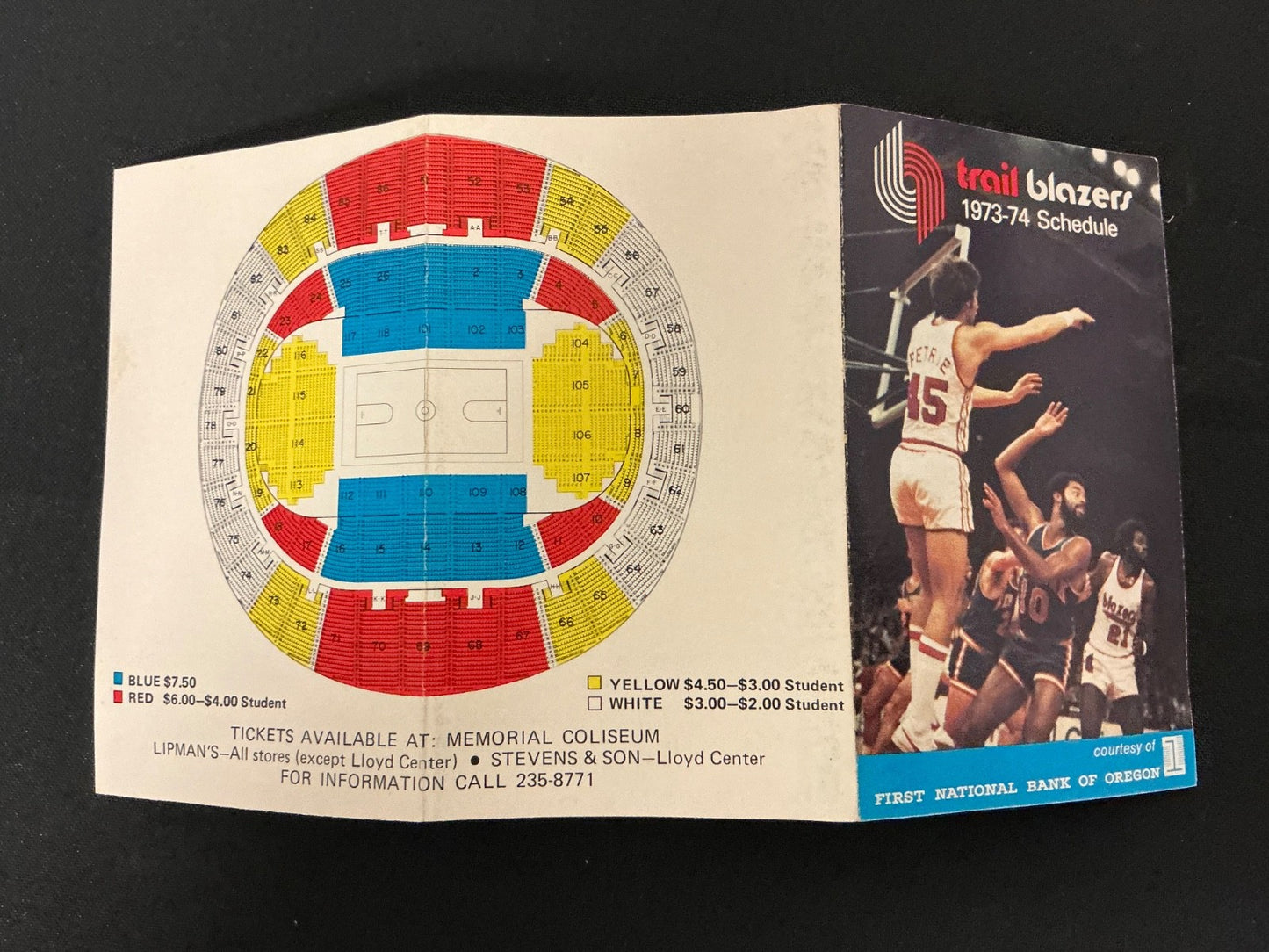1973-1974 Portland Trail Blazers NBA Basketball Pocket Schedule 