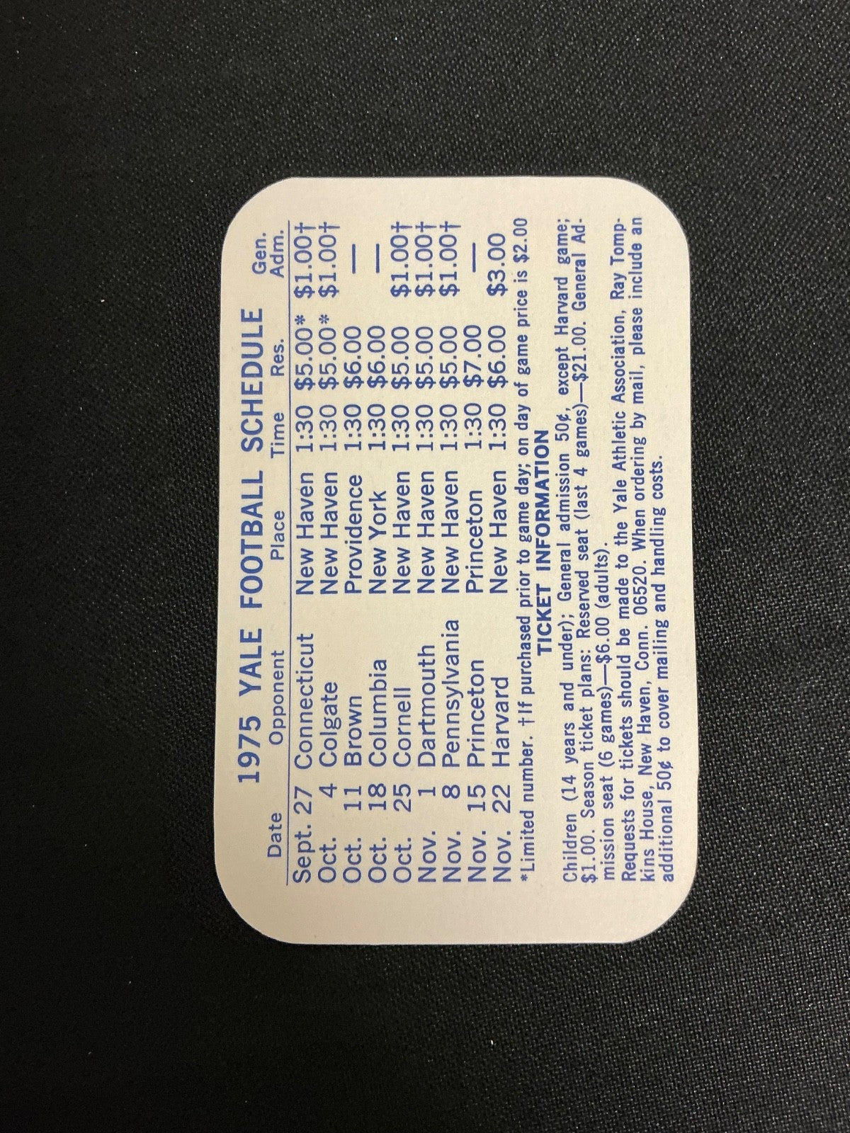 1975 Yale Bulldogs Football Pocket Schedule 