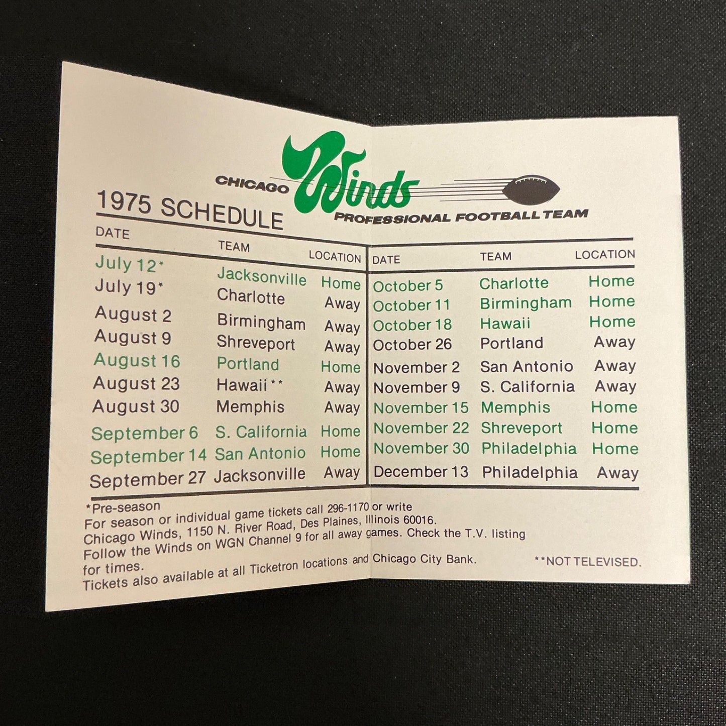 1975 Chicago Winds Professional Football Pocket Schedule