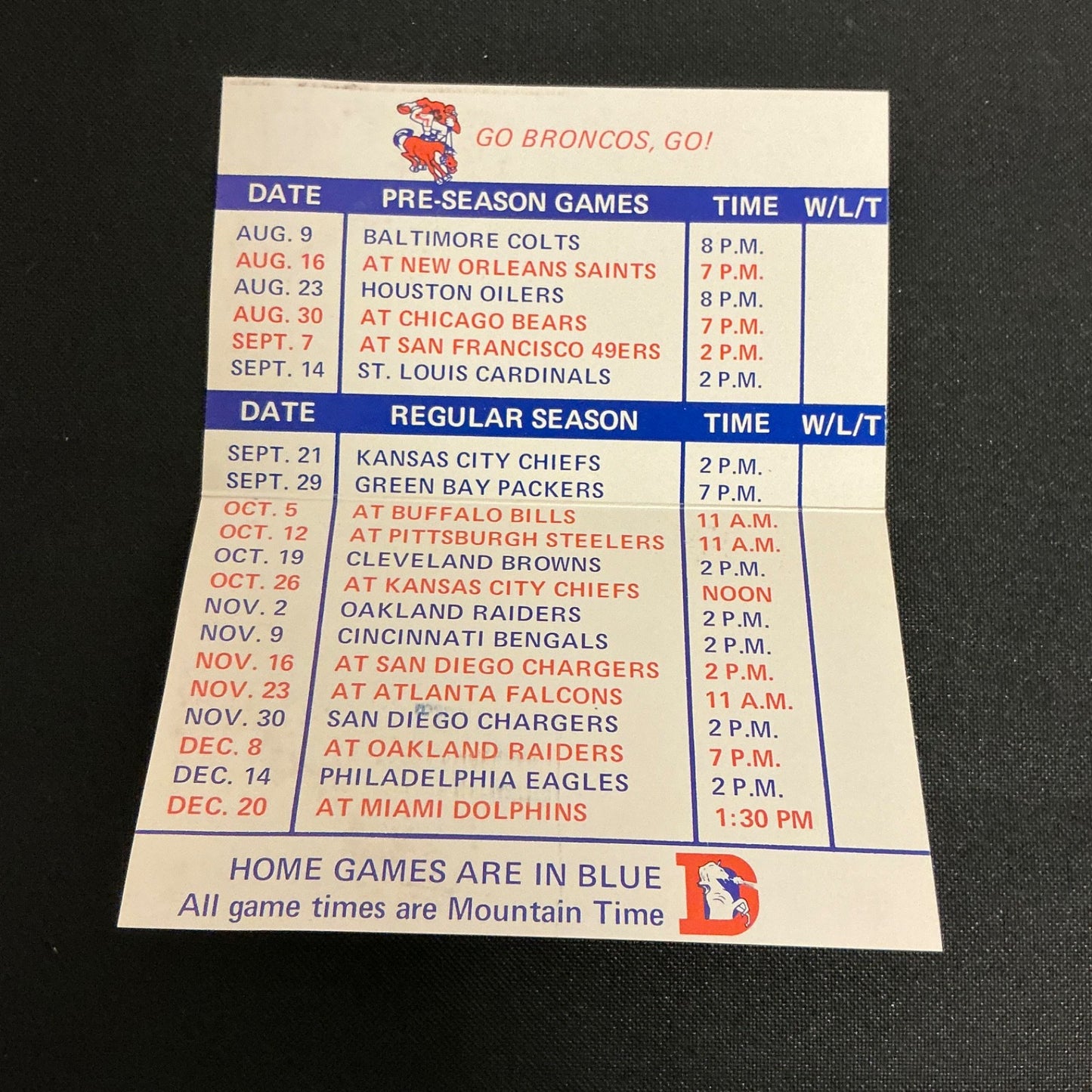 1975 Denver Broncos Football Pocket Schedule 