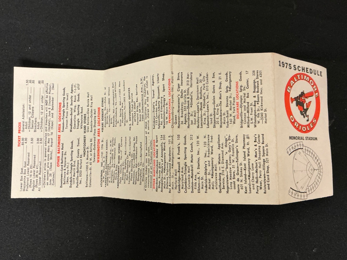 1975 Baltimore Orioles Baseball Pocket Schedule 
