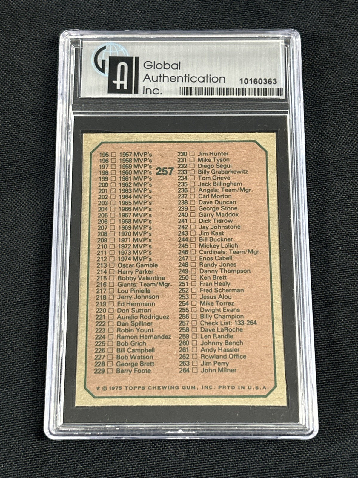 1975 Topps Checklist 133-264 Global Authentication 9 MINT 