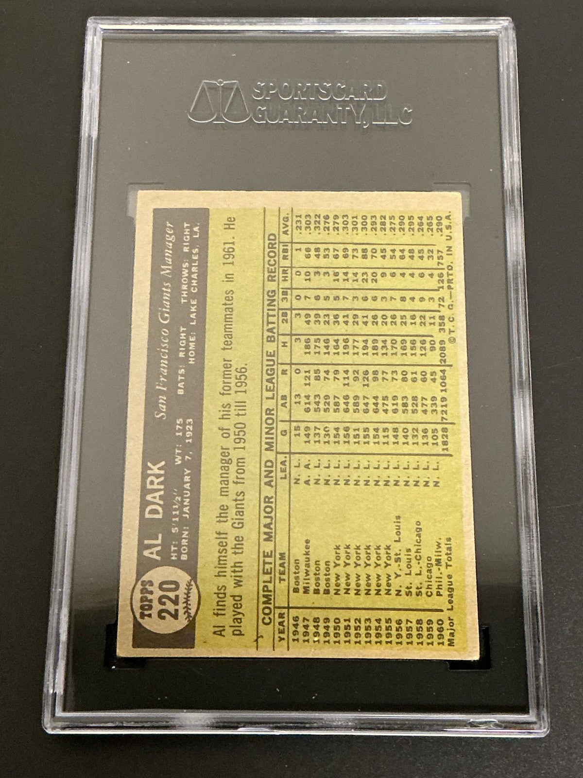 1961 Topps #220 Al Dark Giants SGC 4.5 VG/EX+ 004
