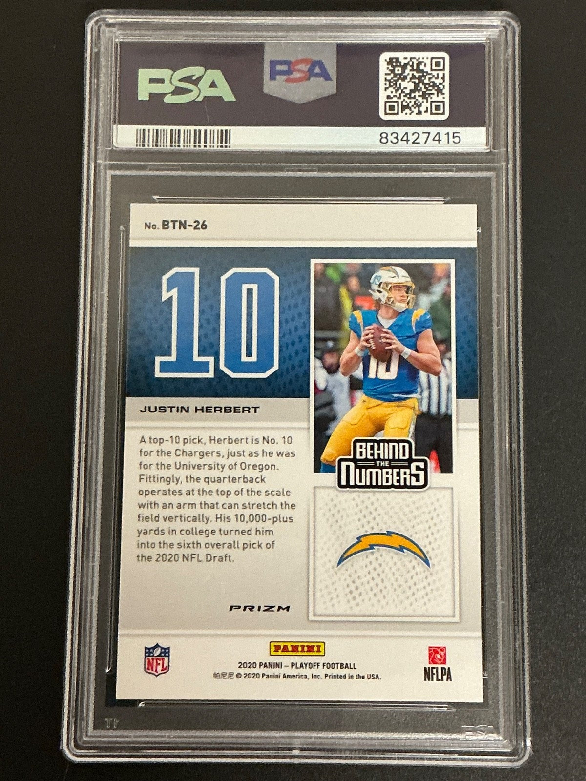 2020 Panini Playoff #BTN26 Justin Herbert Behind/Numbers-Red PSA 10 GEM MT 415