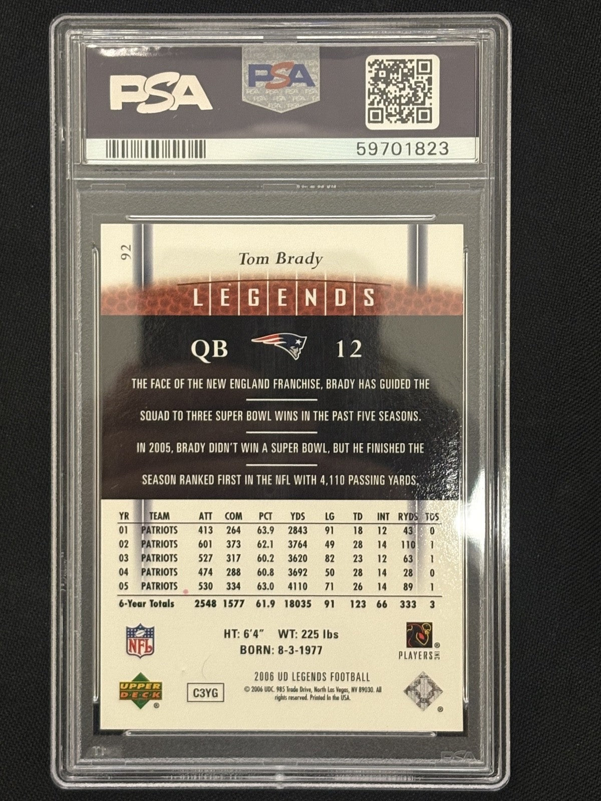 2006 U.D. Legends #92 Tom Brady PSA 8 NM-MT 823