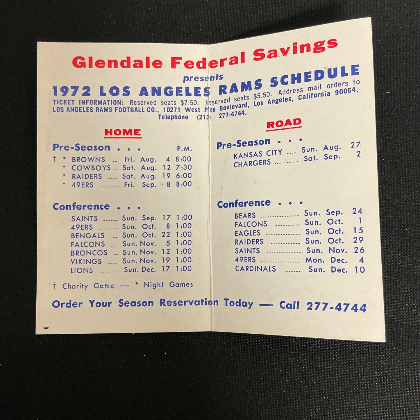 1972 Los Angeles Rams Football Pocket Schedule 