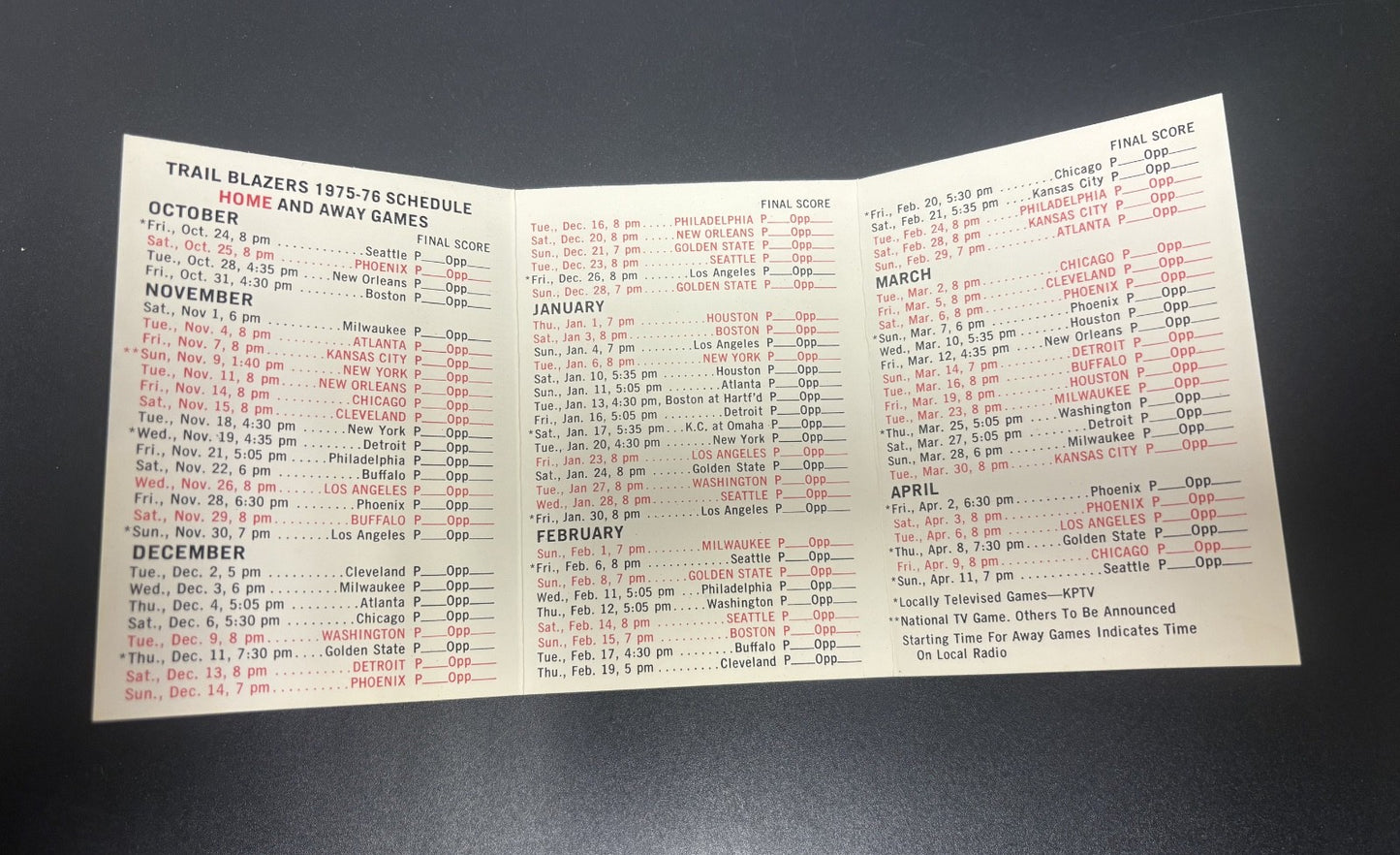 1975-1976 Portland Trail Blazers NBA Basketball Pocket Schedule 