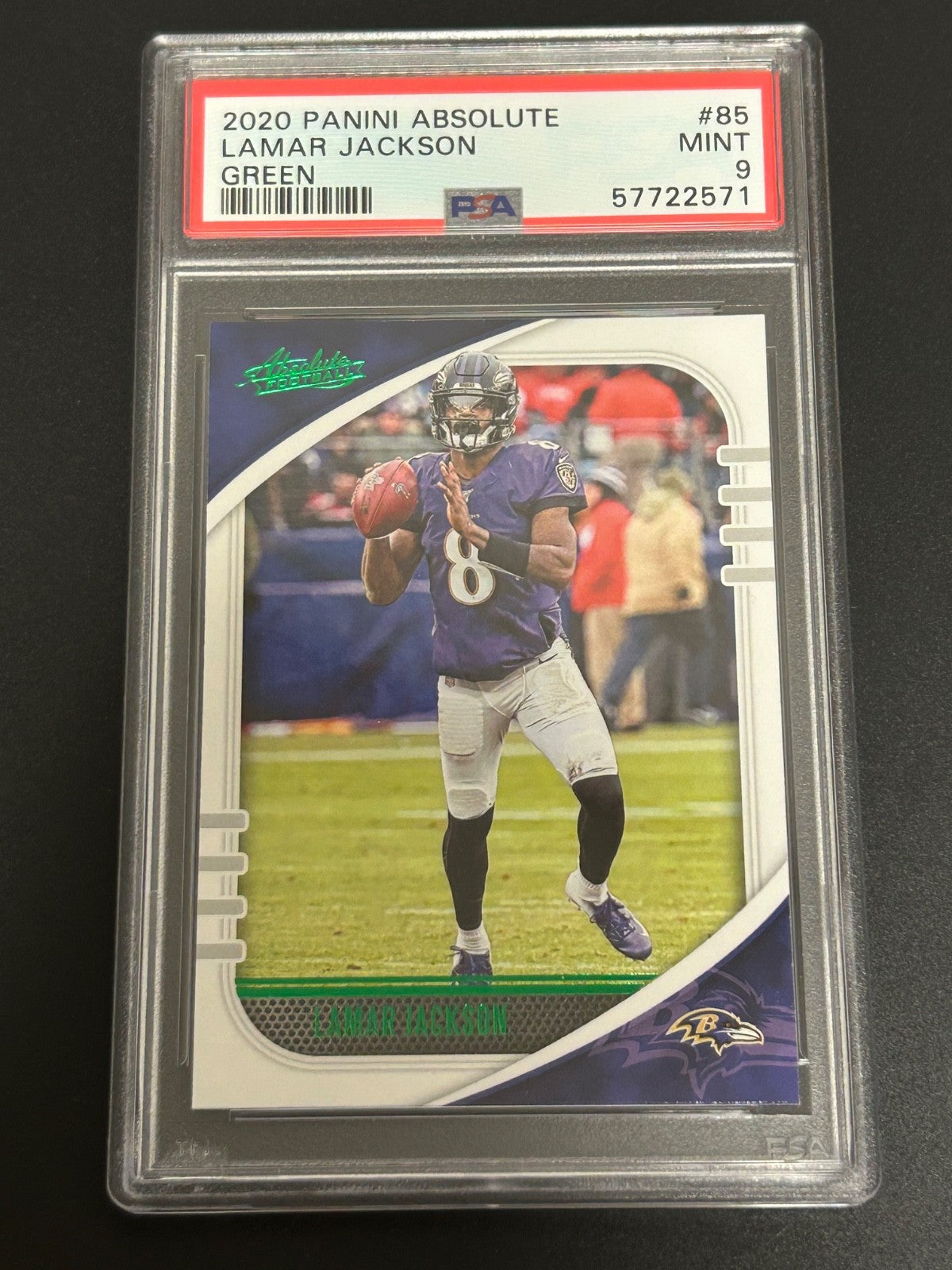 2020 Panini Absolute #85 Lamar Jackson Green PSA 9 MT 571