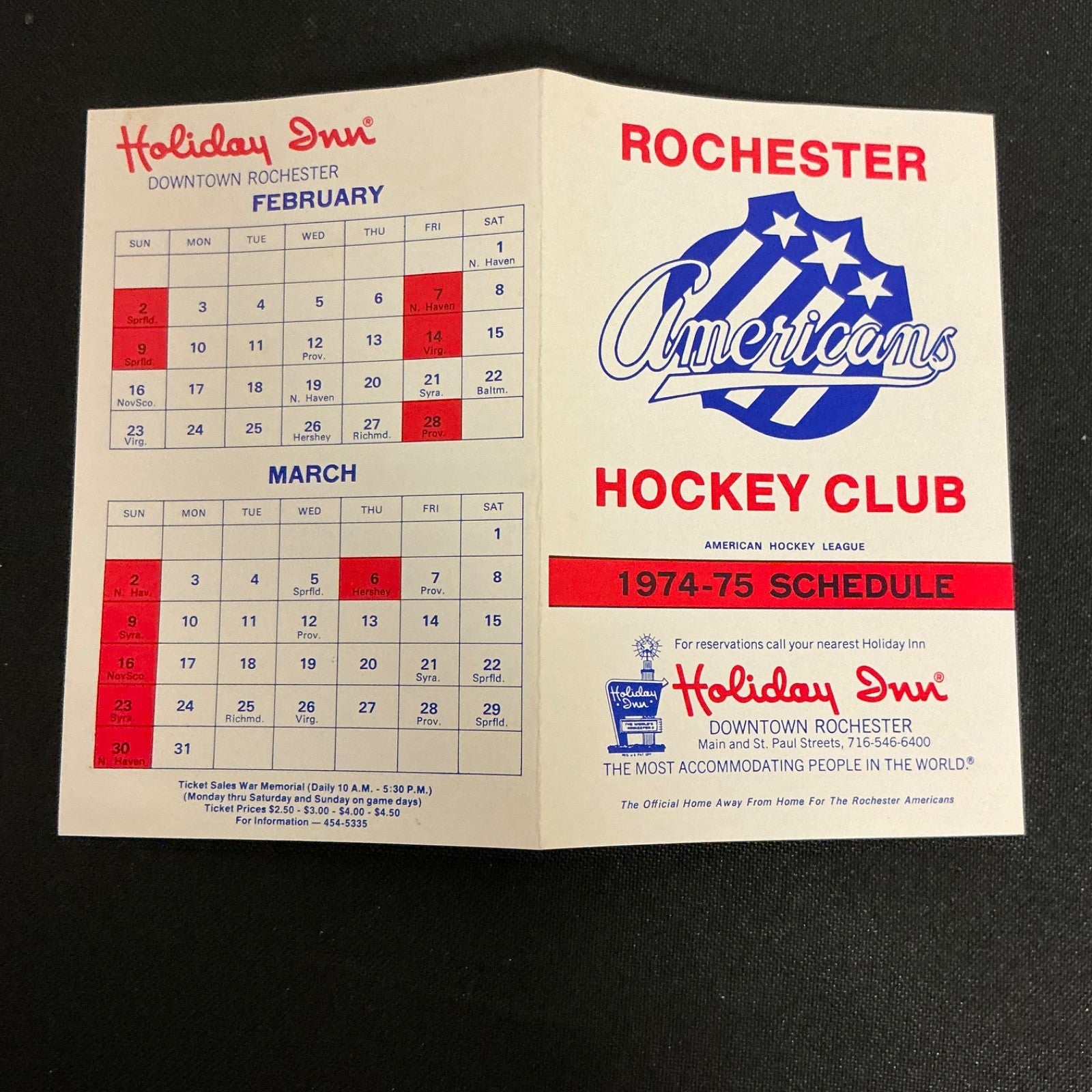 1974-1975 Rochester Americans AHL Pocket Schedule 