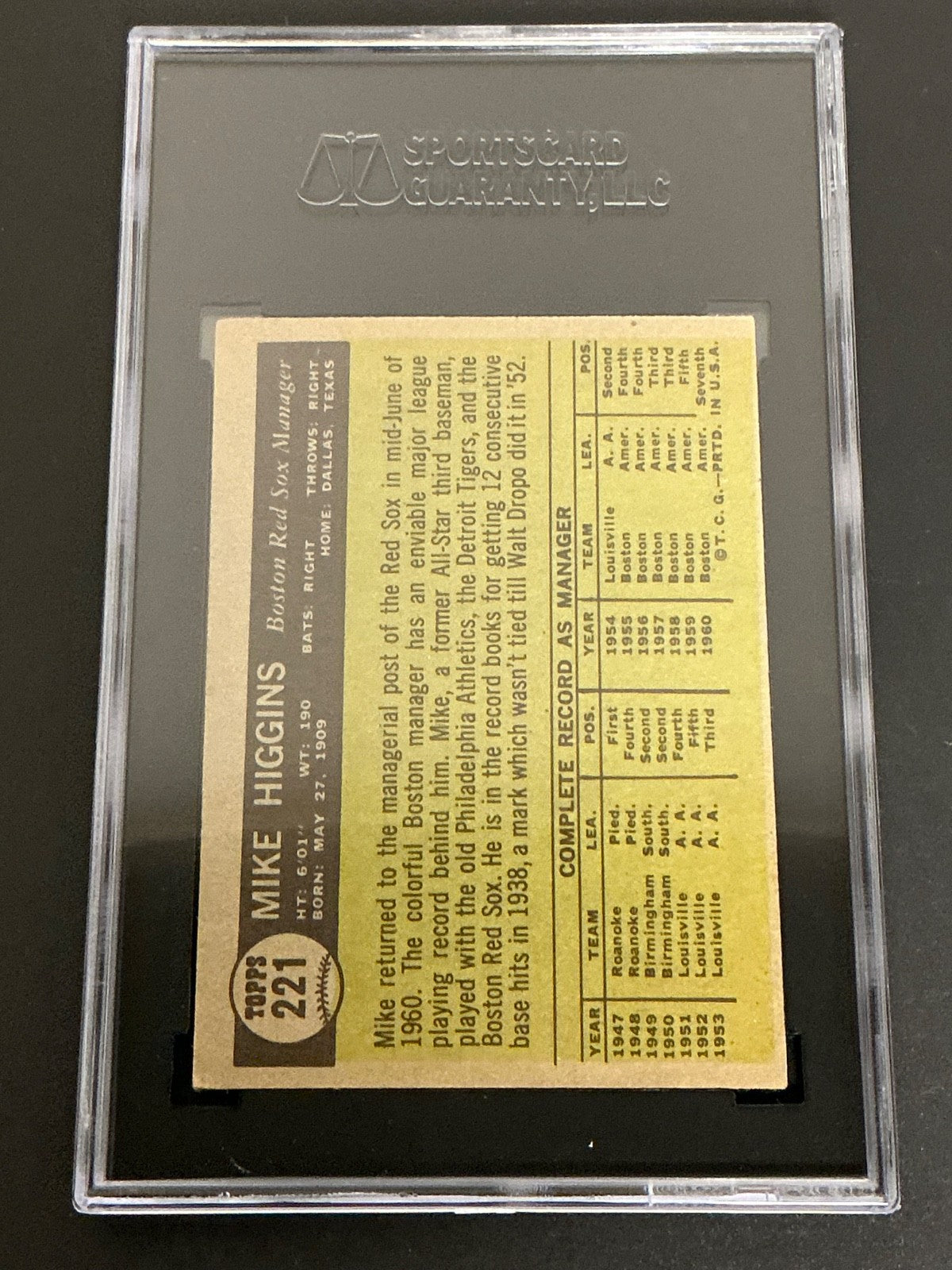 1961 Topps #221 Mike Higgins Mgr. Red Sox SGC 5 EX 002