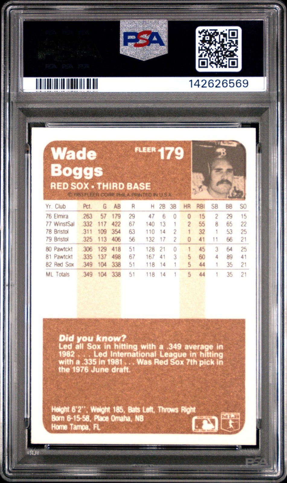1983 Fleer #179 Wade Boggs Red Sox RC ROOKIE PSA 10 GEM MT 569